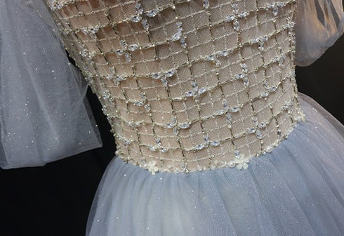 Light Blue Tulle Ball Gown Wedding Dress - Off-Shoulder Wedding Dress - Beaded Corset Back Wedding Dress Plus Size